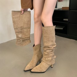 Women's suede pointed-toe pleated boots (Autumn/Winter 2025 new style, detachable, reversible, stiletto boots)