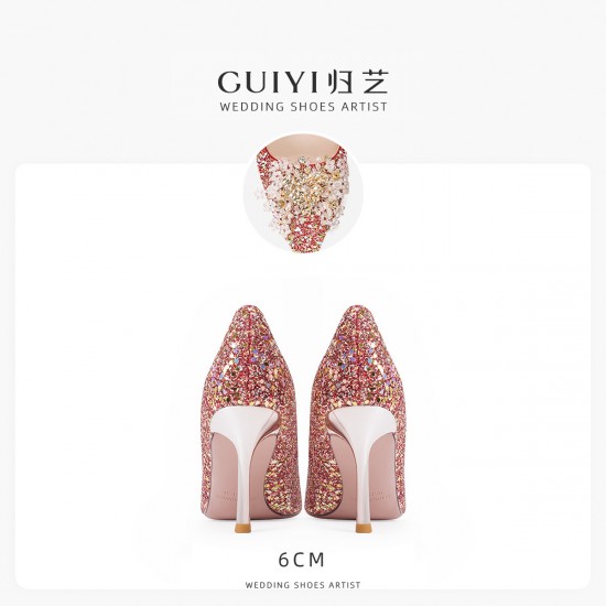 French wedding shoes for women, new summer 2023 red bridal high heels, Xiuhe toast dress, crystal slippers.