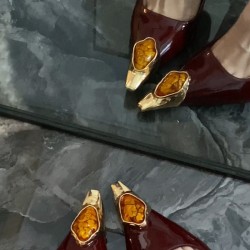 Yang Shulin's Same Style Gemstone Agate Metal Pointed Toe High Heels for Women, Burgundy Patent Leather Stiletto Shoes