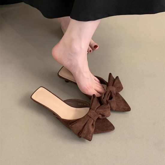 Women's slippers, new summer outdoor slippers, French-style, gentle, fairy-like, evening-style, kitten-heeled sandals with bows.