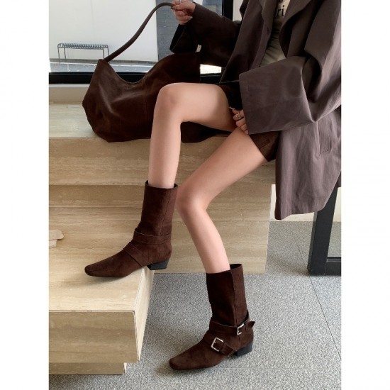 Thick-heeled vintage suede slim ankle boots, 2025 new autumn and winter brown Martin boots, French western ankle boots