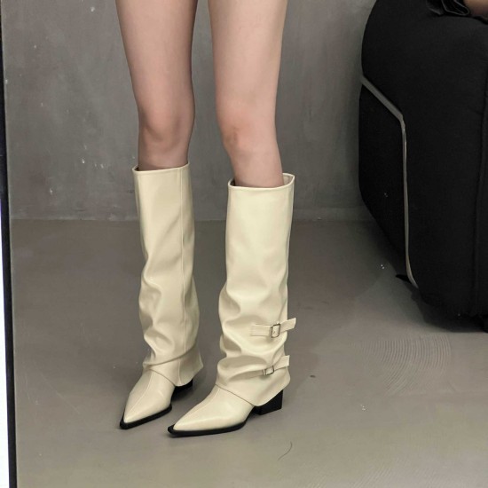 Belt buckle trouser boots, thick heels, long boots for women, European and American hotties, high boots with pointed black trouser boots, street style.