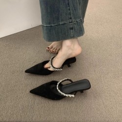 French-style high-end rhinestone single-strap half-slippers for women, 2025 new pointed-toe high-heeled mules for outdoor wear