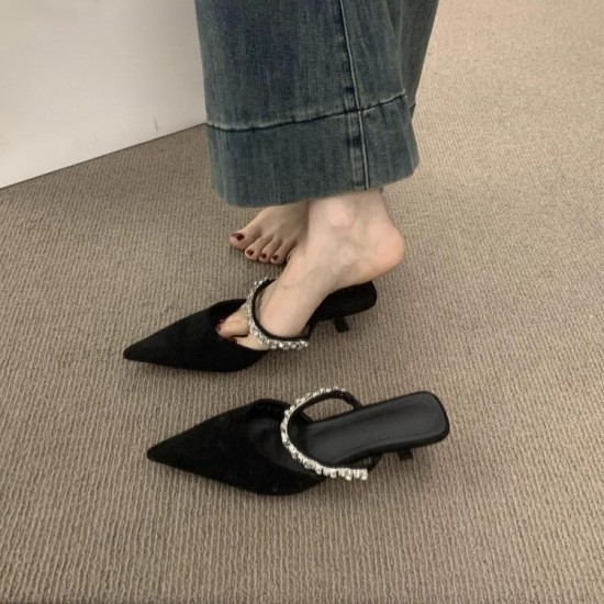 French-style high-end rhinestone single-strap half-slippers for women, 2025 new pointed-toe high-heeled mules for outdoor wear