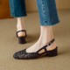 4cm woven hollow-toe sandals for women, new summer 2024 styles, fashionable, breathable, square-toe, medium-block heels, hollow backs