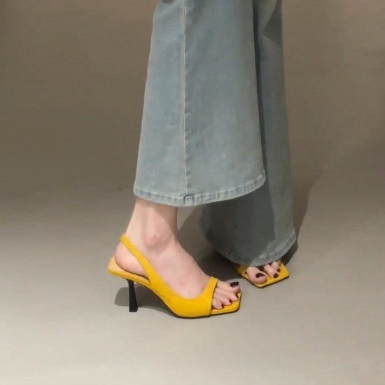 Women's square-toed, open-toe sandals, summer French-style, stiletto, slingback black high heels with skirts.