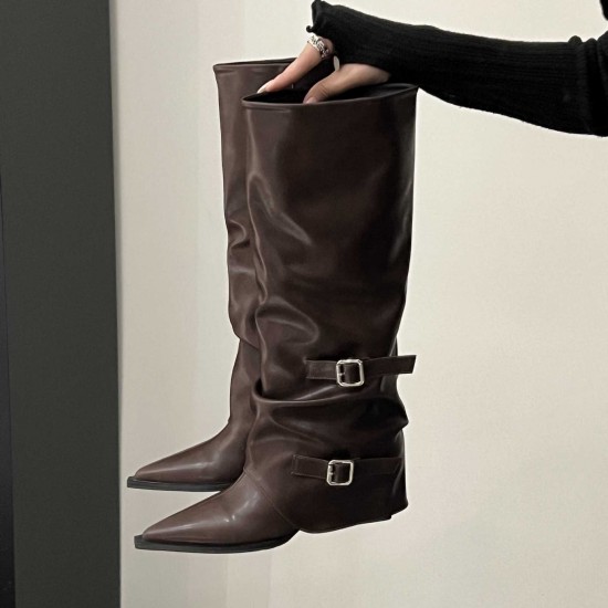 Belt buckle trouser boots, thick heels, long boots for women, European and American hotties, high boots with pointed black trouser boots, street style.