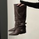 Belt buckle trouser boots, thick heels, long boots for women, European and American hotties, high boots with pointed black trouser boots, street style.