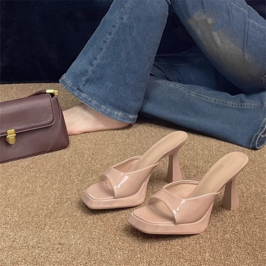 Red single-strap, single-strap, patent leather, stiletto-heeled, versatile, pointed-toe sandals for women