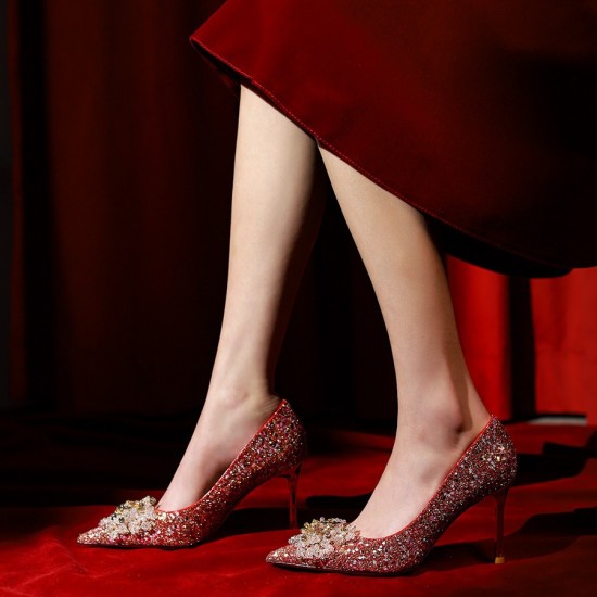 French wedding shoes for women, new summer 2023 red bridal high heels, Xiuhe toast dress, crystal slippers.