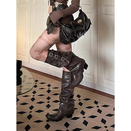 Women's pleated boots, western boots, thick heels, below the knee, belt buckle trouser boots.