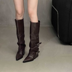Belt buckle trouser boots, thick heels, long boots for women, European and American hotties, high boots with pointed black trouser boots, street style.