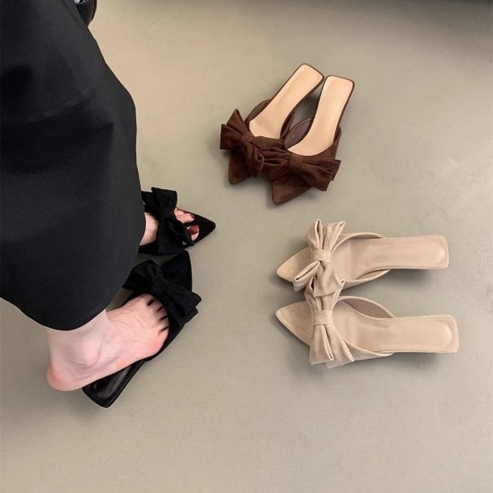 Women's slippers, new summer outdoor slippers, French-style, gentle, fairy-like, evening-style, kitten-heeled sandals with bows.