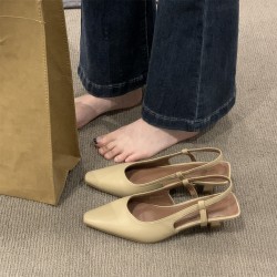 Nude block-heeled, pointed-toe, mid-heeled high heels for women, 7cm, 2024 spring and autumn soft leather shoes to match skirts.