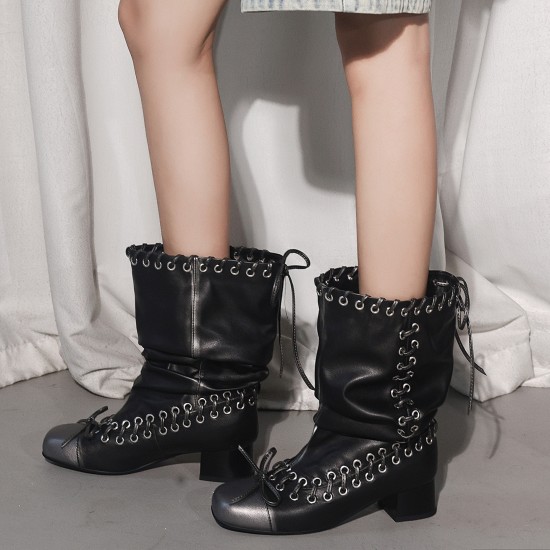 4cm Lace-Up Martin Boots for Women, 2025 New Push-Up Boots, Block Heels, Braided Ankle Boots, Stylish Short Boots, Motorcycle Boots