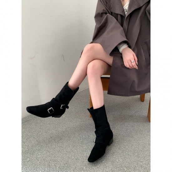 Thick-heeled vintage suede slim ankle boots, 2025 new autumn and winter brown Martin boots, French western ankle boots