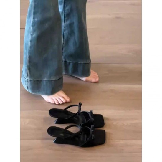 2024 autumn and winter new high-heeled, slimming boots, Korean-style, artistic, stretch ankle boots with bows.