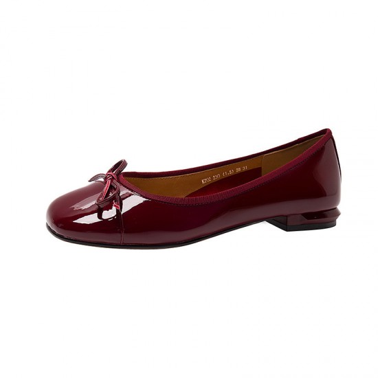 2023 retro bow patent leather moccasins for women, summer and autumn square-toed burgundy block heels