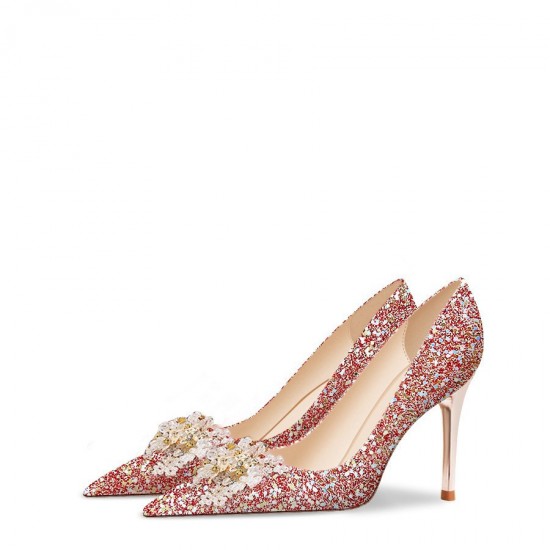 French wedding shoes for women, new summer 2023 red bridal high heels, Xiuhe toast dress, crystal slippers.