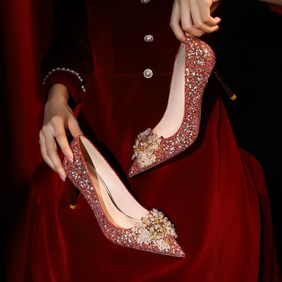 French wedding shoes for women, new summer 2023 red bridal high heels, Xiuhe toast dress, crystal slippers.