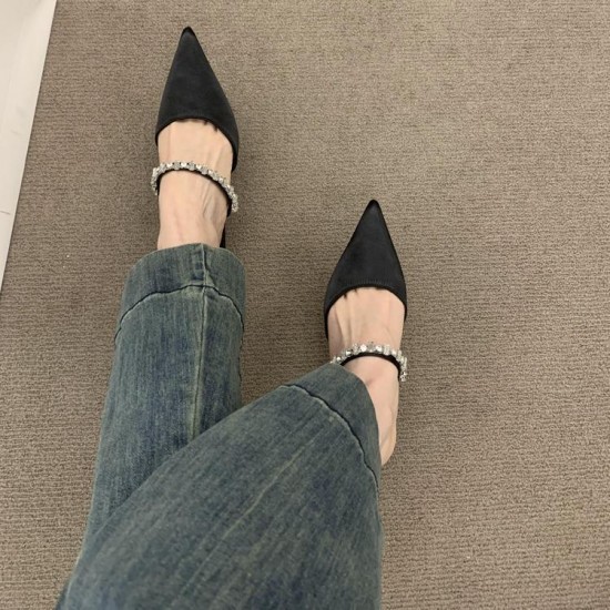 French-style high-end rhinestone single-strap half-slippers for women, 2025 new pointed-toe high-heeled mules for outdoor wear