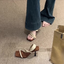 Retro hot girl style: French square-toe high heel slippers for women, summer outdoor wear, Korean-style, strappy, open-toe, stiletto sandals