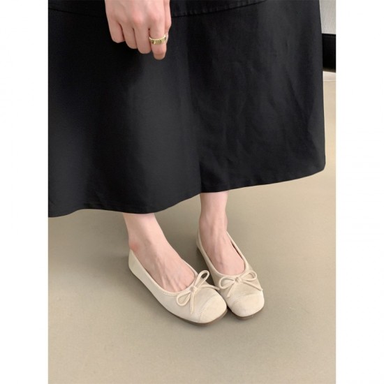 Women's round-toe pumps, new spring and autumn soft leather ballet fairy style slip-on soft flat-soled toe shoes.