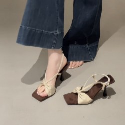 French-style, elegant bow-knot high heels for women, new summer 2025 styles, leopard print stiletto sandals for women with skirts