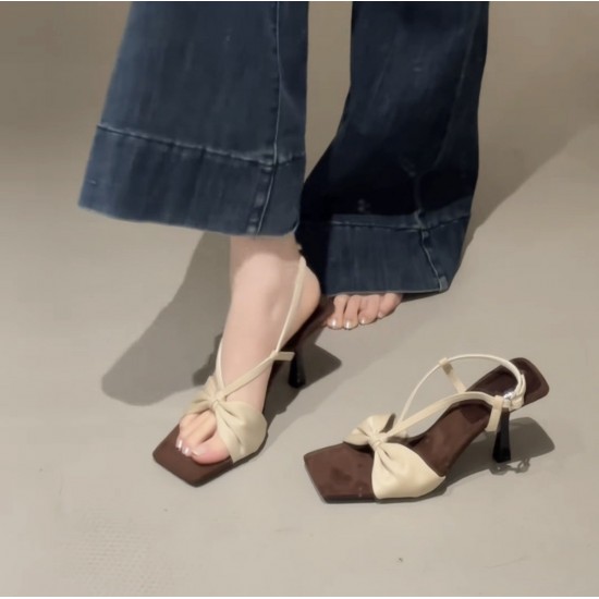 French-style, elegant bow-knot high heels for women, new summer 2025 styles, leopard print stiletto sandals for women with skirts