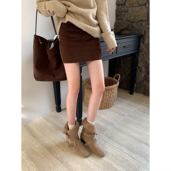 Thick-heeled vintage suede slim ankle boots, 2025 new autumn and winter brown Martin boots, French western ankle boots