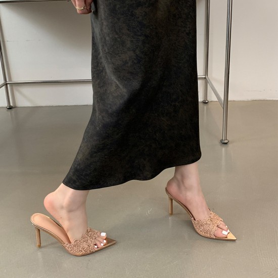 Women's high heels (Spring 2024 new style), embroidered stilettos, champagne gold embroidered high-heeled sandals