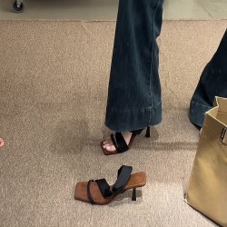 Retro hot girl style: French square-toe high heel slippers for women, summer outdoor wear, Korean-style, strappy, open-toe, stiletto sandals